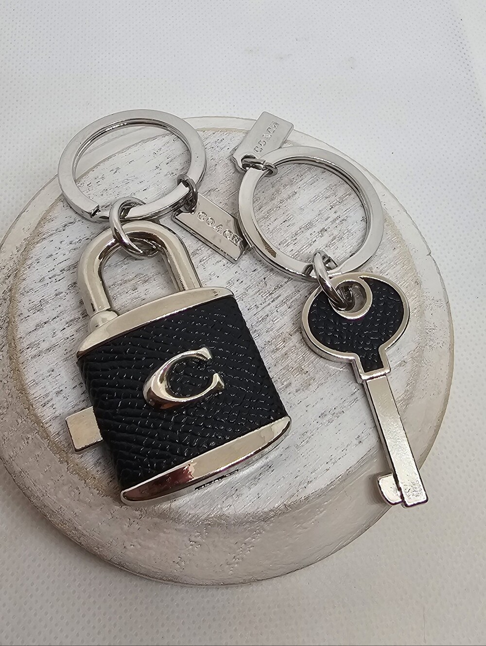 Coach Black Textured Padlock & Key Keyring Set with Silver Hardware